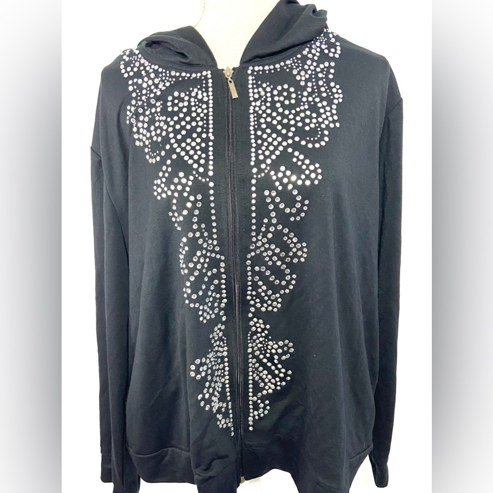 Glitterscape Black Hoodie 2X Plus W/ Rhinestone Design Full Zipper Soft Pockets